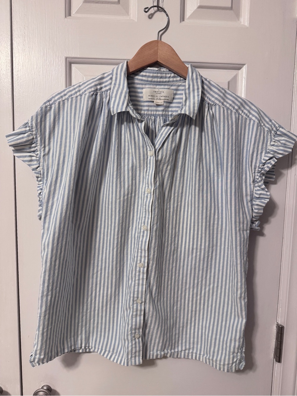 Trovata Blue and White Striped Short-Sleeve Button-Down Shirt with Ruffle Sleeve